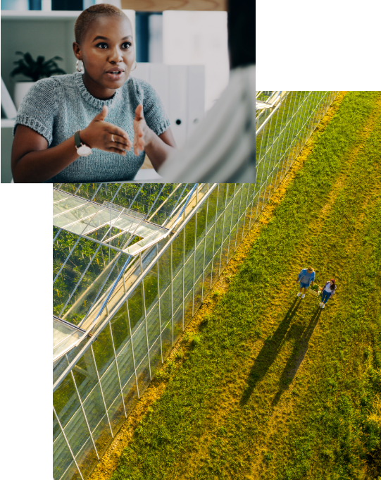 Enthusiastic young woman describing idea, alongside image of large greenhouse from above next to 2 people carrying produce in a field
