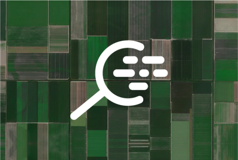 Magnifying glass with words spilling out over farming fields from above