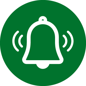 Outline of an alarm bell ringing on a dark green background